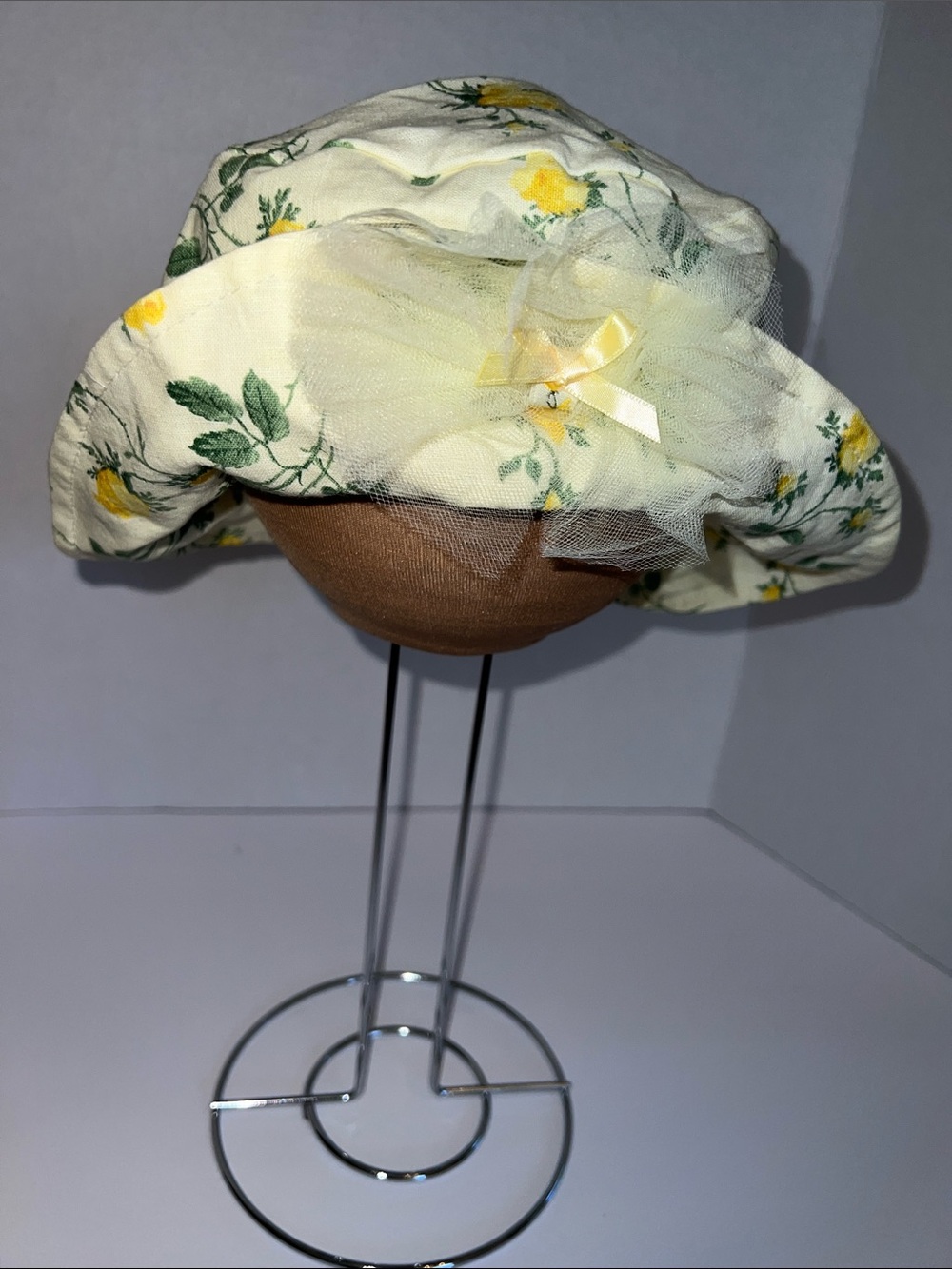 Vintage Cach Cach Yellow Floral Sun Hat with Tulle Bow
